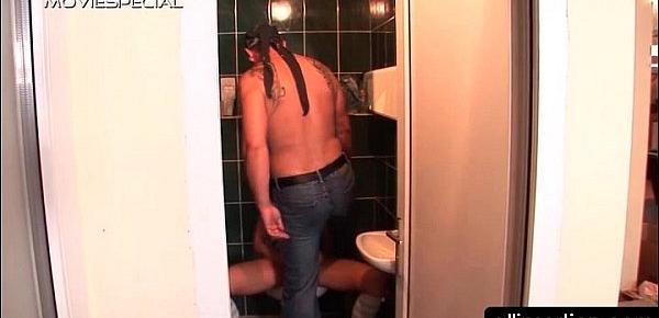  Slutty teen vibes cunt and gives BJ in public toilet